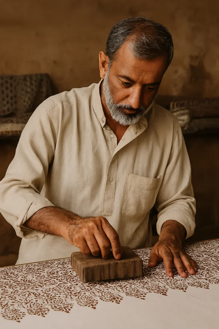 Multani artisans at work — a craftsman block-printing traditional fabric in a rustic workshop